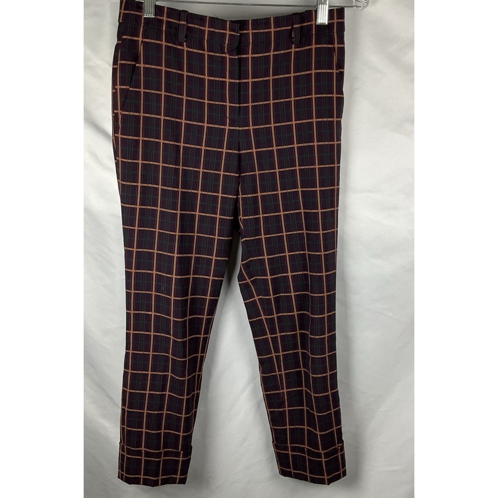 Theory Women's 2 Crop Cuffed Trousers Purple‎ York Plaid Wool Blend Side Pockets